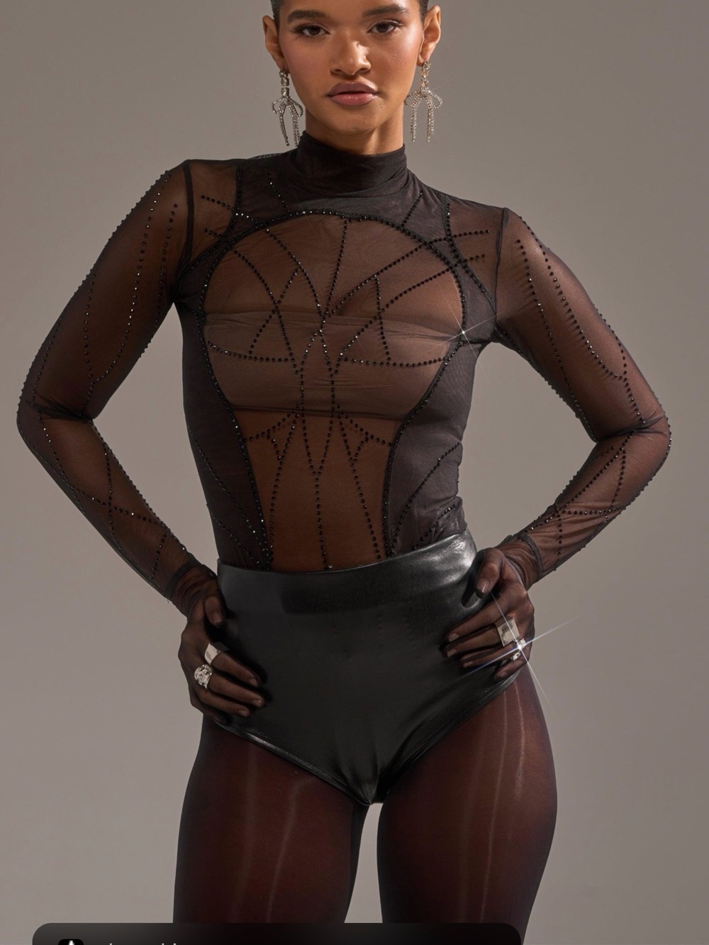 AKIRA Black Sheer Long-Sleeve Embellished Bodysuit